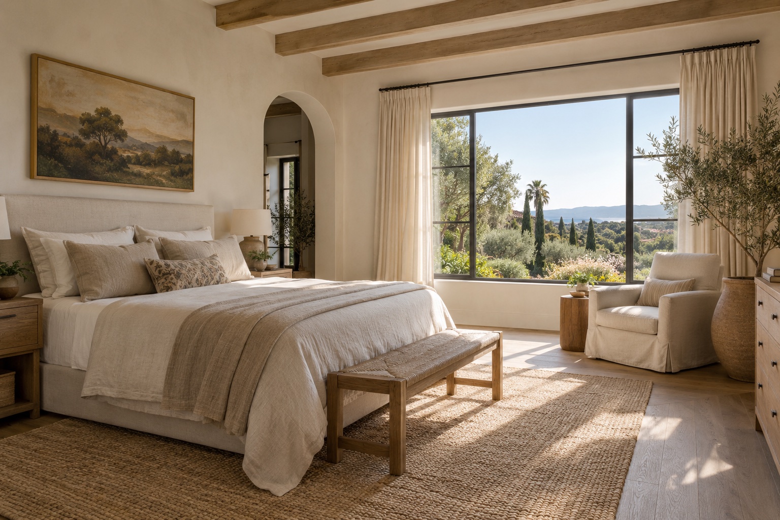 Quiet hillside bedroom with linen bedding, oak details and soft daylight