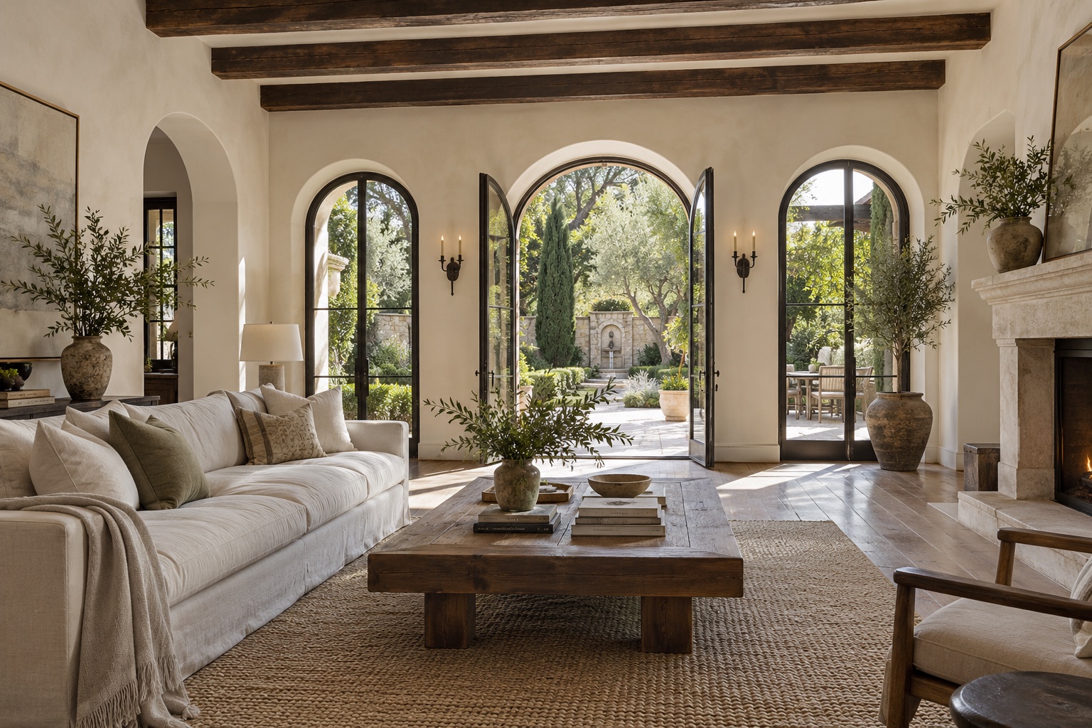 Montecito-inspired living room with plaster walls, wood beams and linen furniture